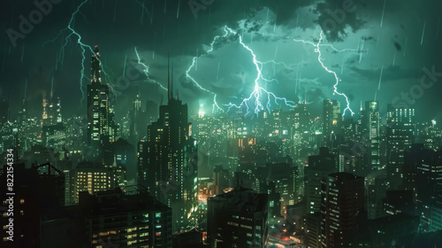 A city glowing with lights while bolts of lightning streak through the sky, capturing the striking intersection of urban luminosity and electrifying natural phenomena.