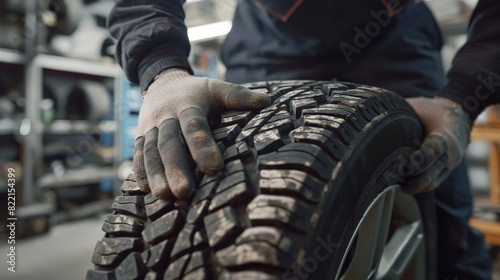 Mechanic checking tire tread pattern in an auto repair shop during daytime. © Pro Hi-Res