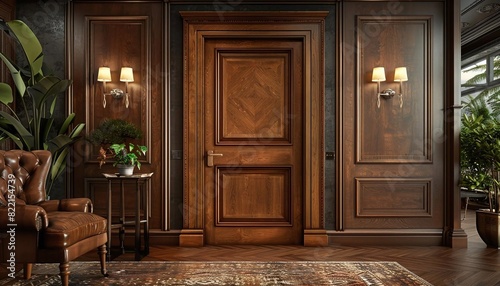Visualize a traditional panel office door with a rich mahogany finish and classic hardware
