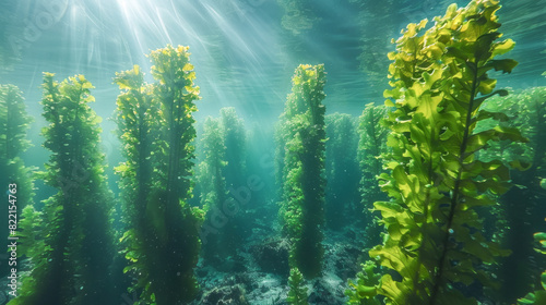 Sunlight filters through a lush underwater farm, divers and vehicles among seaweed rows exemplify sustainable marine cultivation