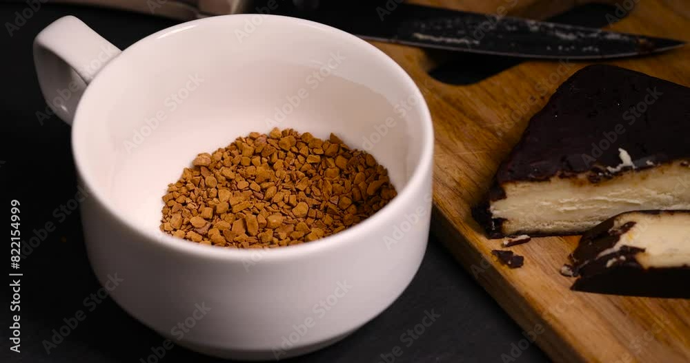 preparation of coffee soluble in boiling water in a white cup, freeze-dried granules preparation of coffee soluble in boiling water in a white cup, freeze-dried granules