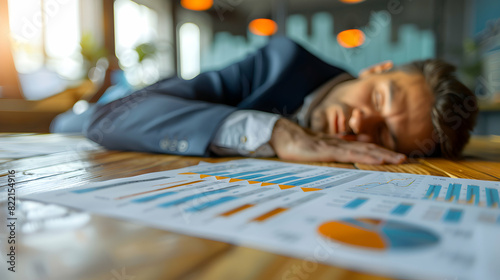 Accountant asleep on financial reports showcasing the meticulous and exhausting nature of financial work Photo realistic concept
