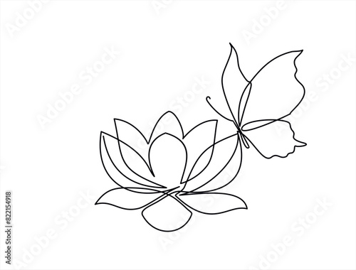 Lotus flower and butterfly isolated on white background. Continuous line drawing