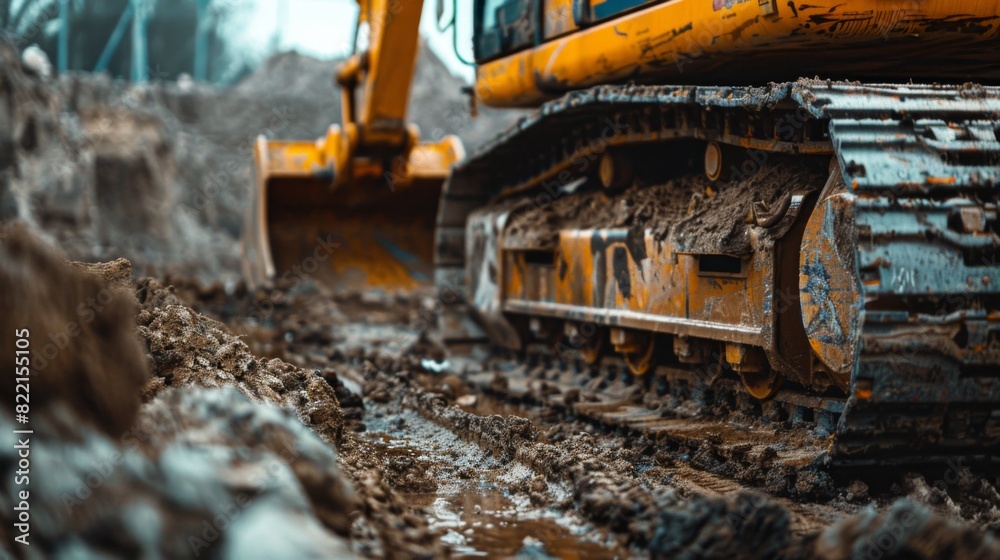 Backhoe working by digging soil at construction site. Crawler excavator digging on soil. Excavation vehicle. Backhoe working by digging soil at construction site. Crawler excavator digging on soil. Excavation vehicle.