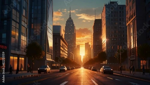 Hand-Drawn Cityscape at Sunrise - Emotional Main Character on Busy Road photo