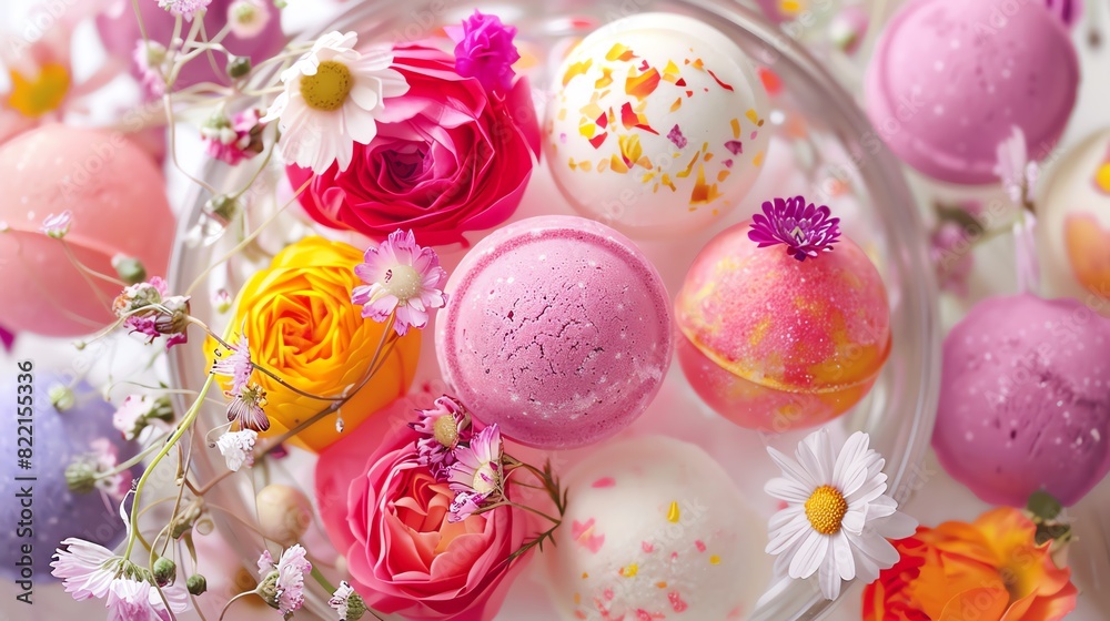 A vibrant display of floralscented bath bombs in a glass bowl A vibrant display of floralscented bath bombs in a glass bowl