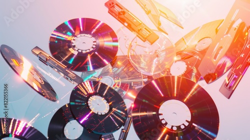 A surreal arrangement of floating CDs and cassette tapes illuminated by colorful light effects, showcasing a nostalgic yet futuristic vibe. photo