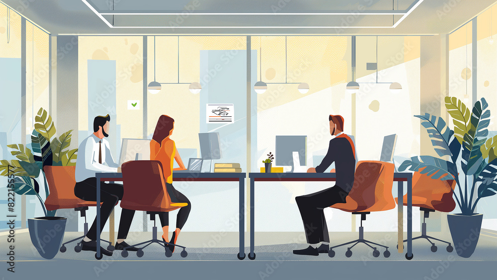 Illustration of a diverse group of professionals working in a modern office environment. Ideal for teamwork, cooperation, or collaboration concepts. Illustration of a diverse group of professionals working in a modern office environment. Ideal for teamwork, cooperation, or collaboration concepts.