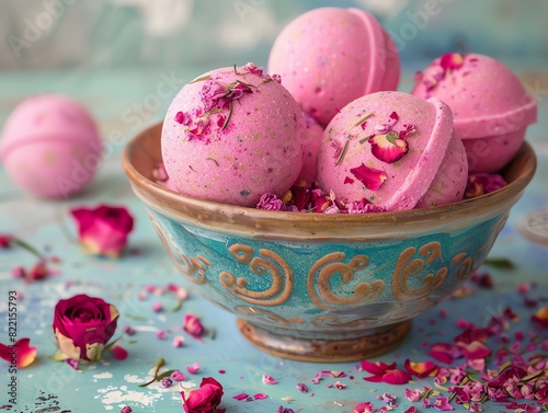 A vibrant display of rosescented bath bombs in a decorative bowl