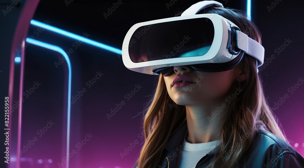 Young woman wearing VR headset, playing with his goggles, ready for a game in a futuristic cyber world - Virtual reality Young woman wearing VR headset, playing with his goggles, ready for a game in a futuristic cyber world - Virtual reality