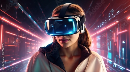 Young woman wearing VR headset, playing with his goggles, ready for a game in a futuristic cyber world - Virtual reality