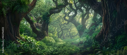 Surreal Forest with Lush Greenery and Ancient Trees