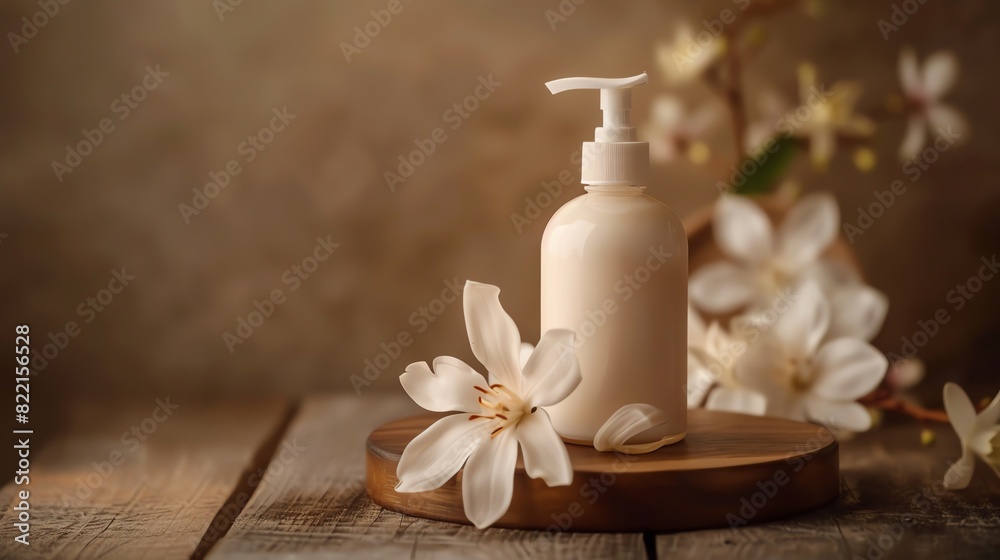 An elegant bottle of vanilla and jasmine body lotion with a pump dispenser An elegant bottle of vanilla and jasmine body lotion with a pump dispenser