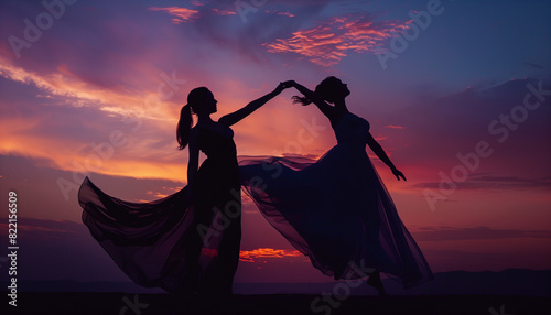 a close-up image of two dancers spinning, their forms beautifully outlined against a deepening twilight sky, capturing the fluidity of their movements, Silhouette, Dancers, dusk, w