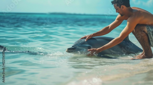 A man kneels in shallow tropical waters to aid a dolphin, touching it gently under a bright sun, showcasing a bond with marine life. © Zhanna