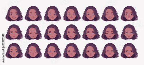 Elegant dark brunette business woman, female emotion set, brown young girl bundle portrait, person head. Different face icons, positive, negative facial expression feature pic. Vector illustration