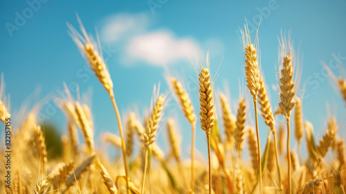 Golden Wheat Ears Against a Blue Sky. Close-up of golden wheat ears under a clear blue sky on a sunny day.