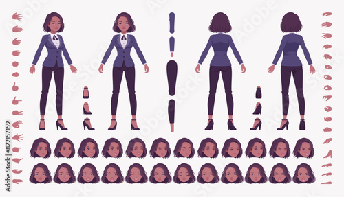 Elegant dark brunette business attractive girl DIY character creation set. Female body figure parts, formal suit. Head, leg, hand gesture, different emotions, construction kit. Vector illustration