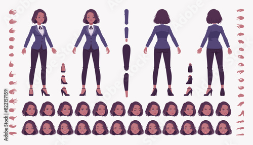 Elegant dark brunette business attractive girl DIY character creation set. Female body figure parts, formal suit. Head, leg, hand gesture, different emotions, construction kit. Vector illustration © andrew_rybalko