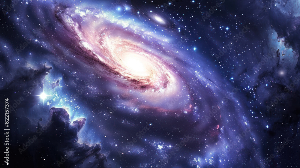 A panoramic view capturing the majestic spiral arms of a galaxy as they stretch out from the glowing core, each star a point of light in the vast canvas of the universe.