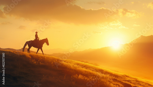 a   of a horse rider trotting along a ridge at dawn  their silhouettes sharply defined against the warm  golden hues of the rising sun  Silhouette  horse rider  dawn 