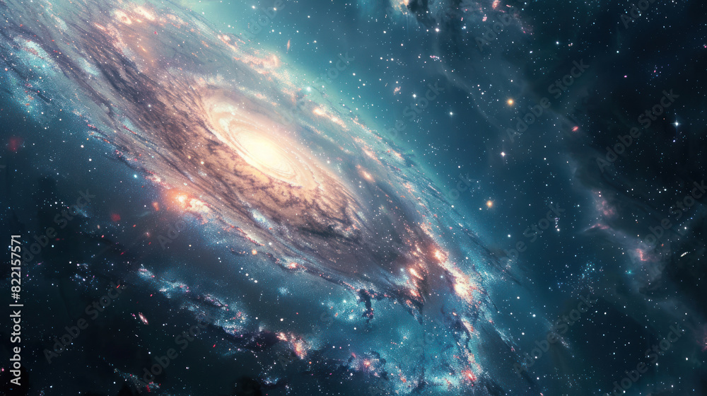 Fototapeta premium A panoramic view capturing the majestic spiral arms of a galaxy as they stretch out from the glowing core, each star a point of light in the vast canvas of the universe.