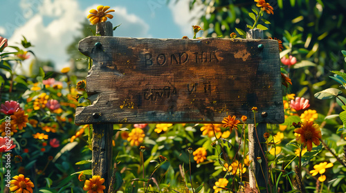 Rustic Wooden Sign Amongst Blooming Yellow Flowers, Serene Park Setting, Inviting Pathway