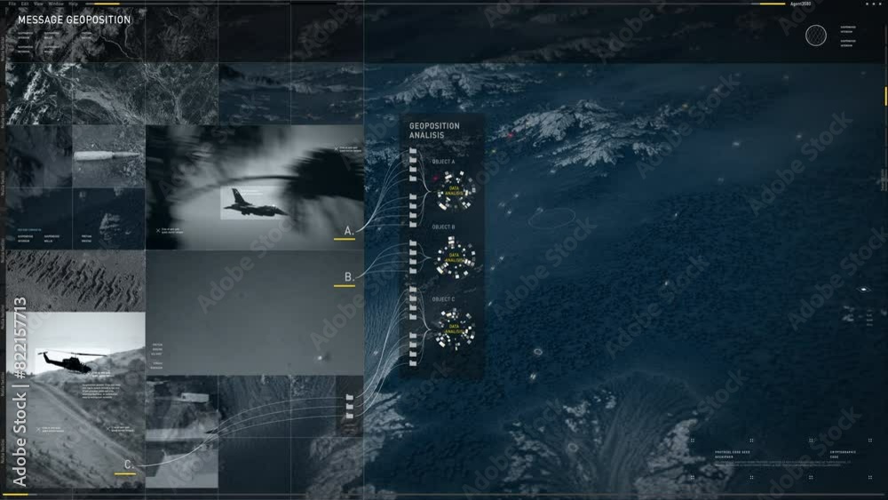 Military software is scanning the terrain on the 3D map. Military software is calculating the position of the rival base on a map. Military software identifying enemy helicopters after map scan. UI