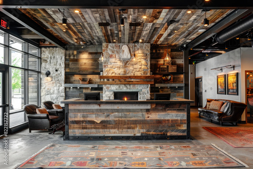 A rustic hotel reception area features a wooden front desk  stone fireplace  and cozy seating. The space is warmly lit  combining modern amenities with a charming  vintage aesthetic.