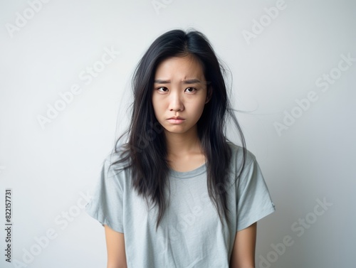 White background sad Asian Woman Portrait of young beautiful bad mood expression Woman Isolated on Background depression anxiety fear burn out health issue problem mental 