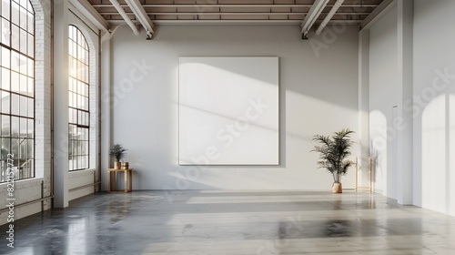 A blank white square frame was hanging on the wall of an industrial warehouse with concrete floors and high ceilings. The room was well lit, with large windows that provided natural light from outside photo