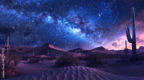 A stunning desert landscape under the starry night sky, with sand dunes and cacti creating an otherworldly atmosphere.
