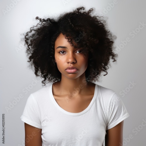 White background sad black independent powerful Woman. Portrait of young beautiful bad mood expression girl Isolated on Background racism skin color depression anxiety fear 