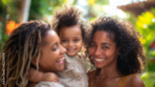 Family Joy: Blurred LGBT Concept Photo of Smiling Black Women with Child