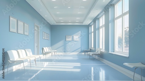 A clean  modern hospital waiting room with light blue walls and white chairs arranged along the wall. The windows at one end let in natural sunlight that illuminates the space. 