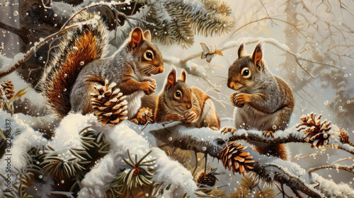 A squirrel family gathering pine cones among frost-covered trees, the intricate details of the snowflakes and the warm hues of their fur painting a picture of life thriving in the cold. © NooPaew