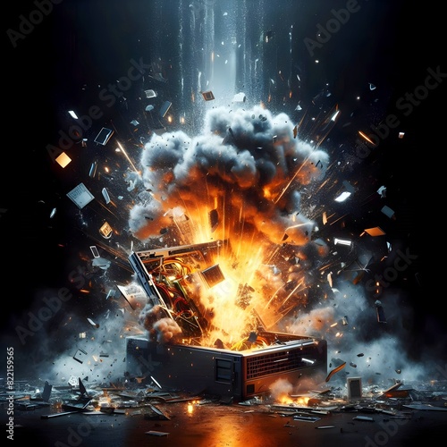 Exploding computer into pieces in a massive blast on a dark background. Exploding of computer with orange flames and smoke. Components scattered and fly in all directions.