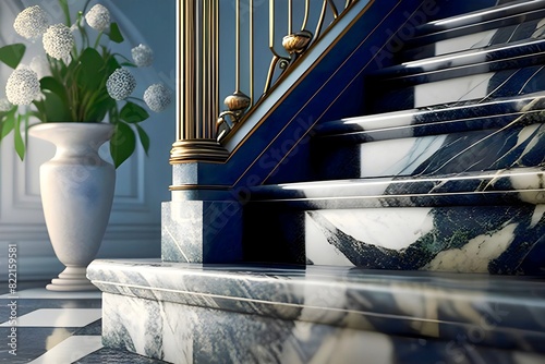 Close up of modern luxury white blue marble staircase in soft day light with vase with green flower in back, interior marble design of staircase. 