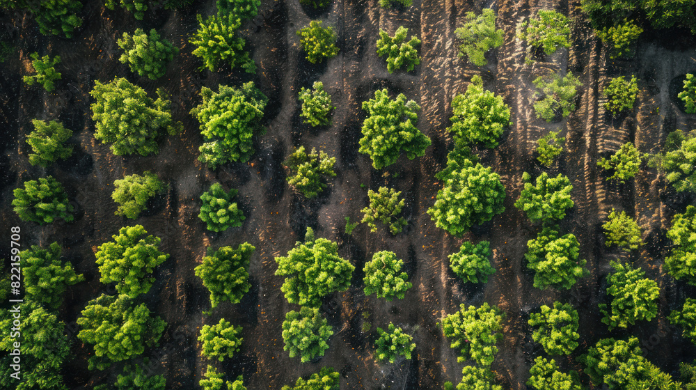 Fototapeta premium Above-ground perspective of a reforestation area, displaying organized rows of saplings, embodying the essence of sustainability and ecosystem regeneration from a bird's eye view.