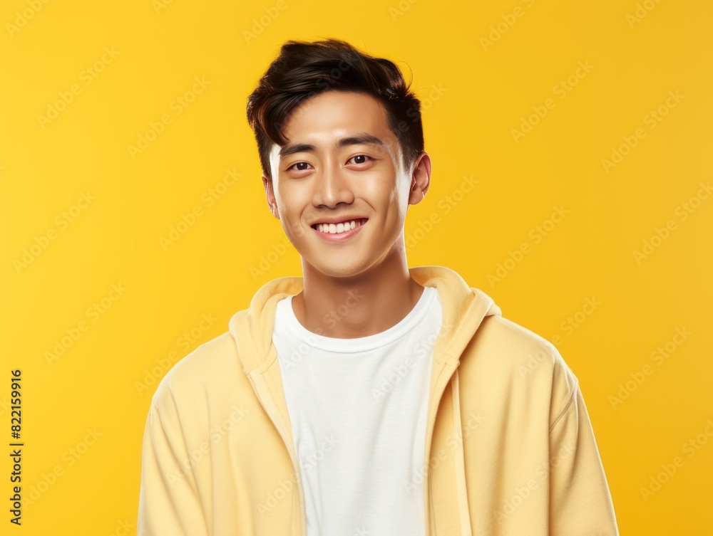 Yellow Background Happy asian man realistic person portrait of young teenage beautiful Smiling boy good mood Isolated on Background ethnic diversity equality acceptance 