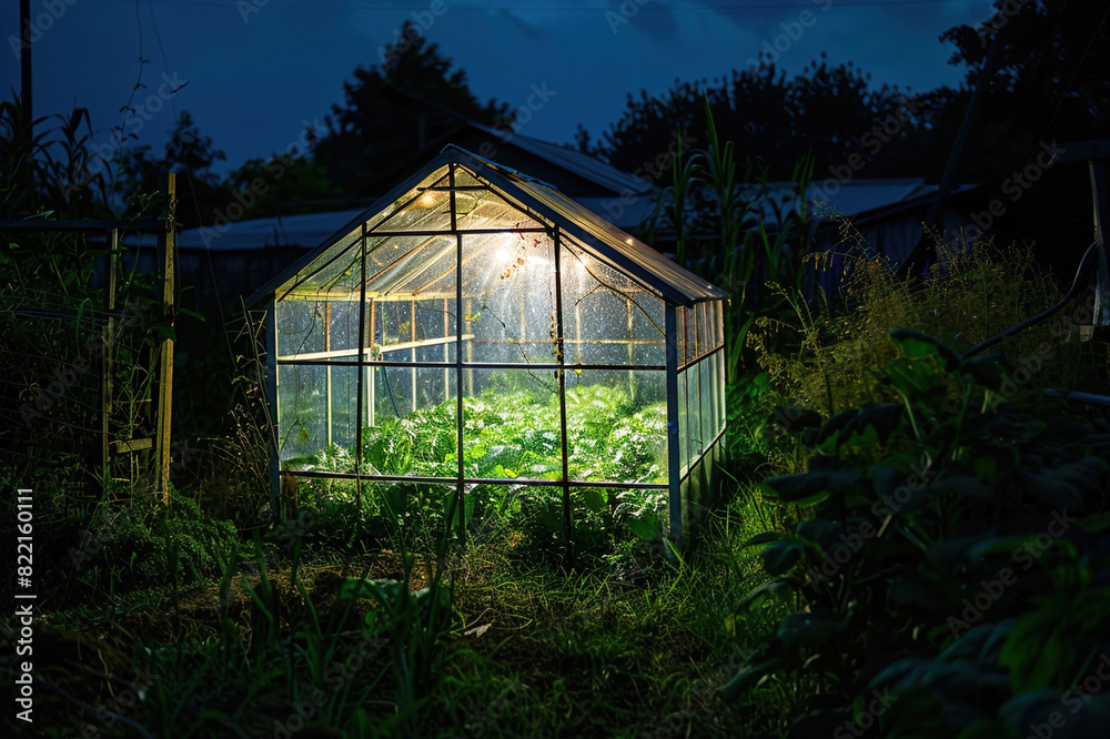 Glowing greenhouse at midnight, farmers nurturing plants for nighttime cultivation. Glowing greenhouse at midnight, farmers nurturing plants for nighttime cultivation.