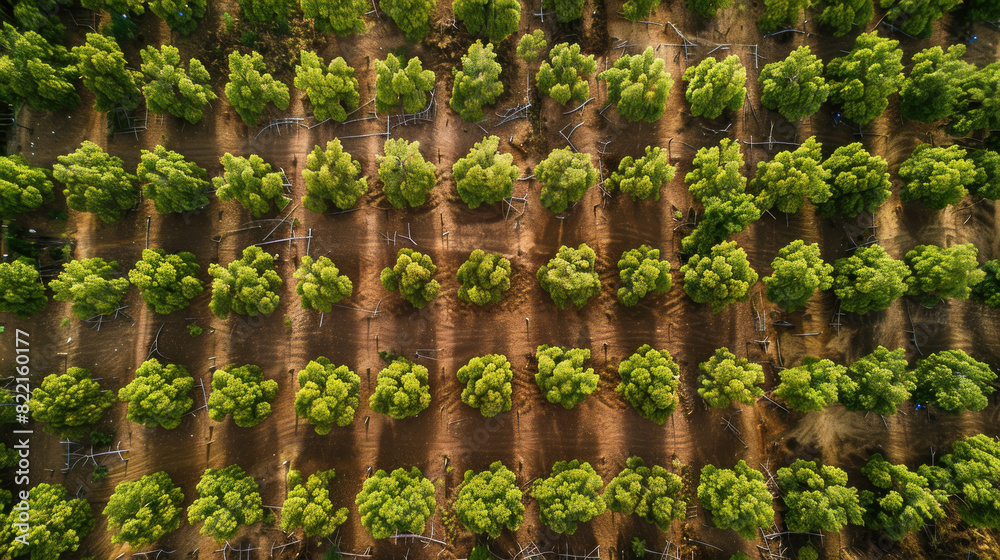 Fototapeta premium An aerial tableau of a reforestation endeavor, highlighting the symmetry of young trees in rows, representing a positive step towards biodiversity conservation.