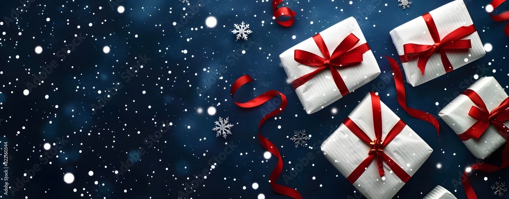 Fototapeta premium Christmas Background with White Gift Boxes and Red Ribbons