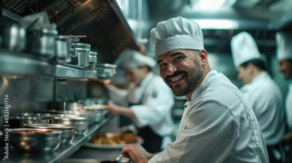 Envision a harmonious team dynamic in the commercial kitchen, led by a happy and smiling professional chef.