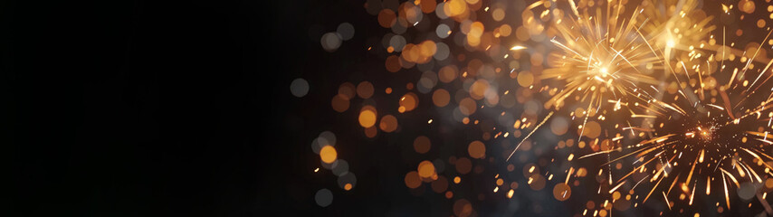 Sylvester New Year, New Year's Eve 2025 party event celebration holiday greeting card banner panorama long - Sparkling sparklers firework pyrotechnics and bokeh lights, isolated on black background