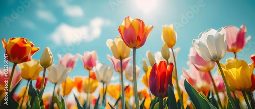 Panoramic landscape of blooming tulips field illuminated in spring by the sun..