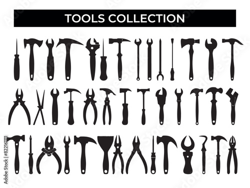 Collection of Tools Silhouettes on White Background