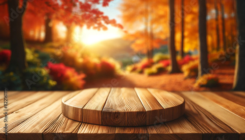 The wooden table has a natural, rustic texture and is centered in the frame but does not cover the full width of the image, perfect for product display or seasonal themes. Background is softly blurred