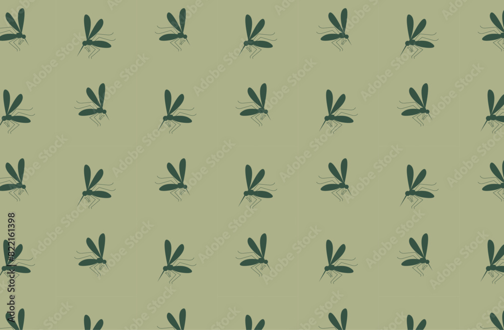 Mosquito silhouettes seamless pattern on green background. Simple vector design for textiles, wallpapers, and prints. Backdrop for pest control, health warnings, and informational posters