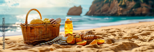 Seaside Summer Essentials, Sunscreen and Hat on Sandy Beach with Tropical Blue Waters